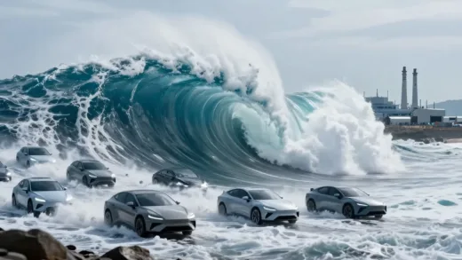 A powerful image of a massive wave of futuristic cars approaching a coastline, with Korean factories in the background looking small and vulnerable.