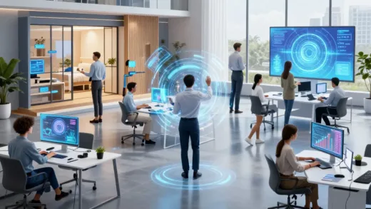A futuristic, vibrant image of diverse people interacting seamlessly with AI interfaces in their daily lives, showing smart homes, offices, and public spaces.
