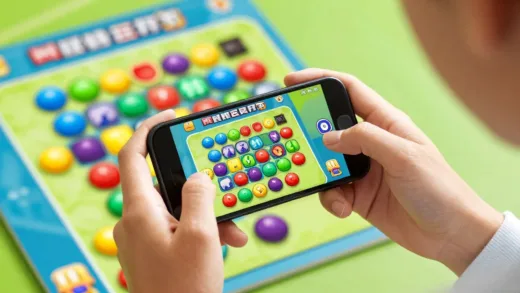 A person happily engrossed in playing a colorful match-3 mobile game on their smartphone, surrounded by playful, vibrant game elements.