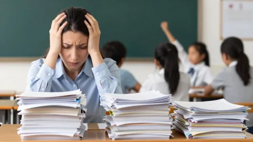 A teacher looking overwhelmed at a desk piled with paperwork, while a blurry image of children plays in the background. The atmosphere is somewhat somber, highlighting the burden.