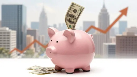 A piggy bank slowly melting away, with money evaporating from it. The background shows a bustling city with rising prices. Focus on the concept of money losing value due to inflation.