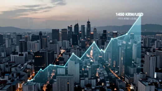 An aerial view of a bustling city at dusk, with subtle digital overlays of rising financial graphs and a high exchange rate number (1450 KRW/USD) integrated into the urban landscape, conveying a sense of silent, pervasive economic change and urgency. The image should have a slightly melancholic yet determined tone.