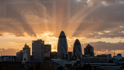 A dramatic sunset over a modern cityscape, with faint shadows of historical British empire symbols fading in the background, symbolizing the decline of a once-great nation's economy.