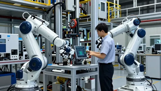 A futuristic factory floor where advanced humanoid robots are working alongside a human supervisor. The scene highlights the contrast between the shiny new robots and the complex, integrated systems in the background. A subtle overlay of "TCO" or cost breakdown charts could be included.