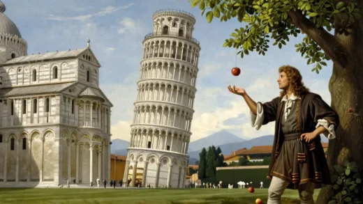 Galileo dropping objects from the Leaning Tower of Pisa, next to a younger Isaac Newton pondering a falling apple under a tree. The scene should convey a sense of historical scientific discovery.
