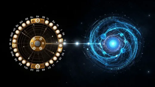 A visually striking image depicting the abstract concept of computation evolving from classical bits (0s and 1s) to quantum qubits (superposition, entanglement), with a subtle background showing the vastness of the universe and natural laws.
