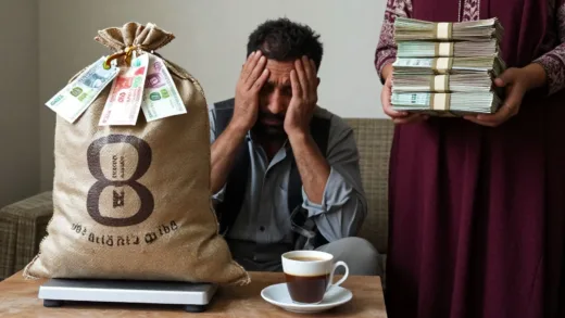 A man weighing a large sack of devalued money on a scale, looking utterly frustrated. His wife stands by with more bundles of cash. In the foreground, a single, expensive cup of coffee. The scene depicts extreme economic despair and the devaluation of currency in Iran, with a subtle hint of high inflation on product labels.