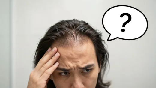 A person looking concerned at their receding hairline or thinning hair, with a thought bubble containing a question mark, in a clean, modern bathroom setting, soft natural light, focus on the person's thoughtful and slightly worried expression.