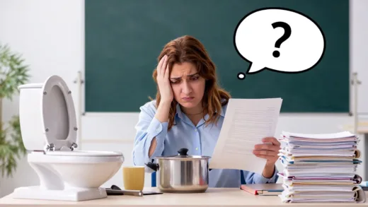 A teacher looking overwhelmed, surrounded by various non-teaching tasks like fixing a toilet, cooking, and holding bank documents. The background is a classroom, with a thought bubble showing a question mark.