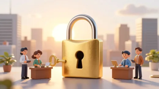 A golden key unlocking a lock shaped like a piggy bank, surrounded by small business owners smiling. The background is a bright, optimistic sunrise over a city. The overall mood is hopeful and empowering.