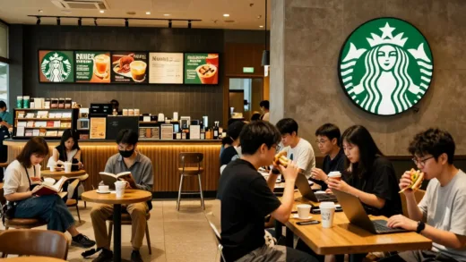 A split image showing two Starbucks scenes. On one side, a vintage-style Starbucks from the early 2000s, with people quietly enjoying coffee, reading books, and a premium, exclusive atmosphere. On the other side, a modern, busy Starbucks, with people quickly grabbing sandwiches, using laptops, and a more bustling, convenience-driven feel. Use warm, inviting lighting for both, but distinct moods.