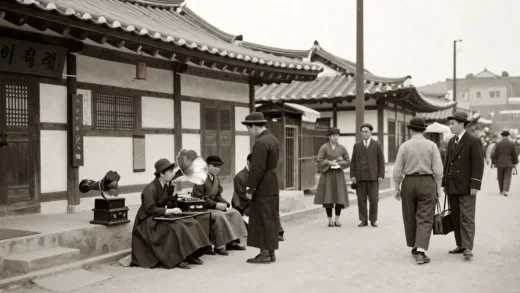 A vintage Korean street scene from the 1920s, with people gathered around a gramophone listening to music. There are traditional Korean elements like hanok buildings mixed with early 20th-century fashion. The atmosphere is nostalgic and slightly melancholic, reflecting the era. Focus on a sense of community and musical engagement.
