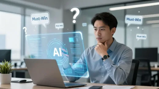 A leader, perhaps in a modern office, thoughtfully engaging with a holographic interface displaying AI-related data or a futuristic AI assistant, surrounded by floating question marks and "Must-Win" labels.