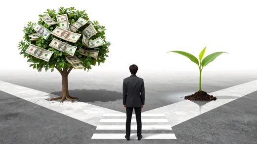 A person standing at a crossroads, with one path leading to a growing tree of money and the other to a stagnant, wilting plant, symbolizing the choice after saving 100 million KRW. The person looks thoughtful and determined.
