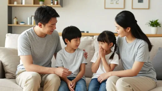 A family (parents and two young children) communicating openly in a warm, modern living room, with one parent gently guiding a child to express emotions while the other observes kindly.
