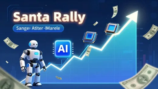 A vibrant, futuristic stock market chart showing an upward trend, with digital elements representing AI, robotics, and semiconductors. A gentle 'Santa Rally' effect is visible, with money flowing in from international sources. The overall atmosphere is optimistic and dynamic.