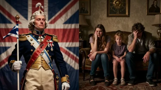 A split image showing a majestic historical British Empire on one side and a modern, struggling British family making difficult choices in a dimly lit home on the other, symbolizing the "heat or eat" dilemma.