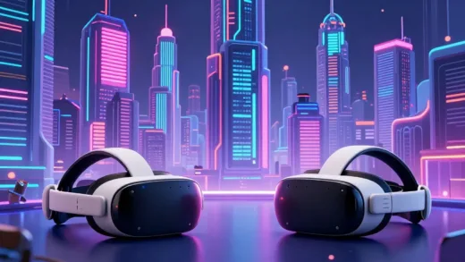 A vibrant, futuristic cityscape representing the metaverse, with Meta Quest headsets in the foreground, but with a subtle hint of difficulty or struggle.