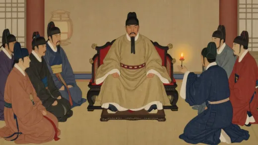 A detailed illustration of a Joseon Dynasty king on his throne, looking sternly at a group of kneeling ministers. One minister is gesturing humbly, with a faint candle glow (symbolizing 'tongchok'). The scene should convey tension and the delicate balance of power, in a traditional Korean painting style.