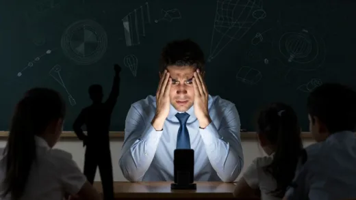 A teacher in a classroom looking overwhelmed, surrounded by chaotic student silhouettes, a smartphone visible, representing the challenges of teacher authority. Use a dramatic, slightly dark lighting with an underlying sense of hope.