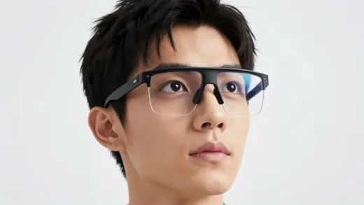 A person wearing sleek, modern smart glasses, looking slightly upwards with a curious expression, a subtle glow around the lenses suggesting AR capabilities, in a bright, contemporary setting, realistic and engaging.