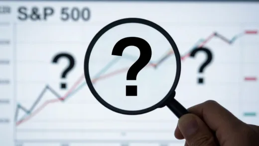 A mysterious, slightly distorted S&P 500 chart with question marks, conveying uncertainty and a hidden truth. A detective's magnifying glass is examining it.