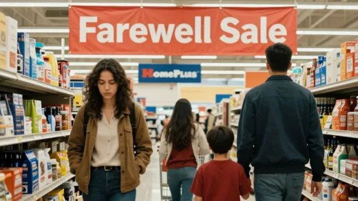 A poignant scene of a family leaving a Homeplus store with a "Farewell Sale" banner in the background, conveying a sense of nostalgia and sadness.
