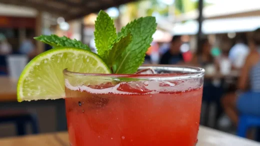 A vibrant, close-up shot of a red drink in a clear glass, garnished with a lime or mint leaf, set against a blurred background suggesting a market or tropical setting. The drink should look refreshing and inviting.