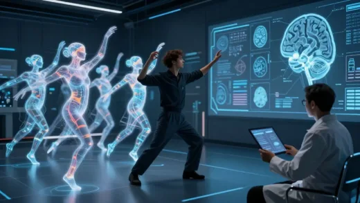 AI generating abstract art, a choreographer interacting with holographic dancers, a scientist looking at brain scans, showing the fusion of technology, art, and science in a futuristic setting.