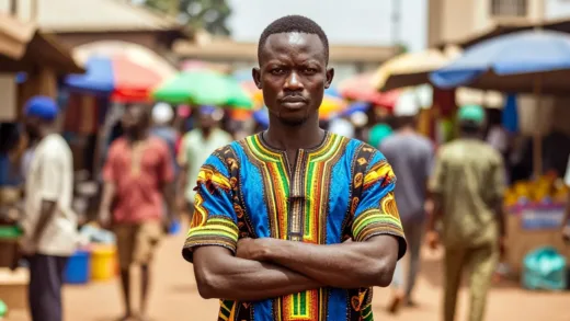 A young Korean man in traditional Ghanaian attire, standing confidently amidst a bustling market in Ghana, with a determined expression, symbolizing ambition and success against odds, vibrant colors, realistic photography.