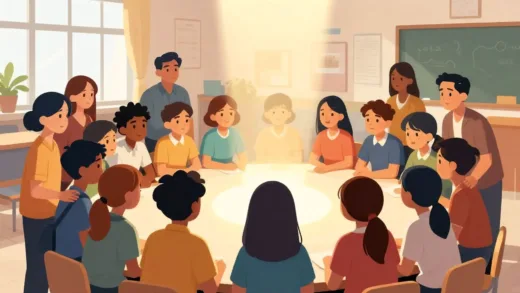A diverse group of students, some looking concerned, are surrounded by supportive figures (teachers, counselors, social workers) forming a protective circle, with a bright light symbolizing hope and integrated support. The setting is a modern school, emphasizing care and community. digital illustration.
