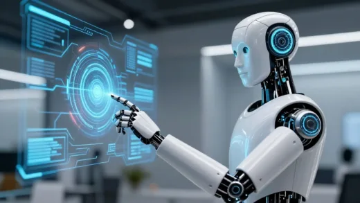 A humanoid robot interacting with the real world, touching objects, and experiencing its surroundings. The background shows a blend of digital interfaces and physical environments, symbolizing the transition from digital to physical AI. Dynamic and forward-looking, with a sense of innovation and future technology. Focus on interaction and learning through touch and experience.
