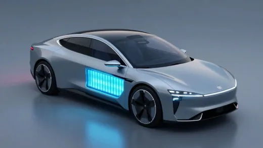 A sleek, futuristic electric car with glowing solid-state battery cells visible underneath, symbolizing innovation and future mobility.