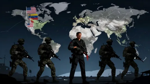 A dramatic illustration of US special forces arresting a leader in a nocturnal raid, set against a backdrop of a fragmented globe representing international conflict. Flags of the US, Venezuela, Russia, and China are subtly incorporated.