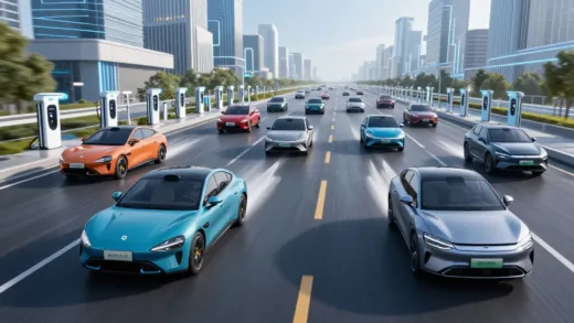 A dynamic image showing various Chinese electric vehicle brands (Xiaomi, Huawei's HIMA, BYD) rapidly emerging and competing on a bustling digital road, symbolizing innovation and swift market entry. The background features futuristic cityscapes with charging stations and diverse, modern EVs.
