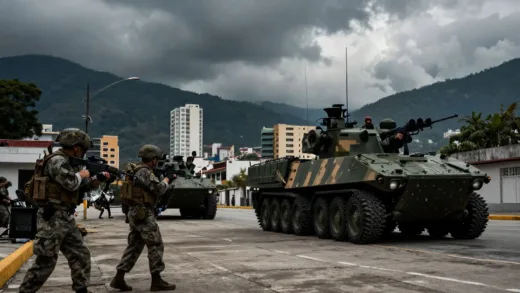 Dramatic scene of a military operation in a city, possibly Caracas, with a strong focus on strategic military assets, under a tense sky, cinematic style.