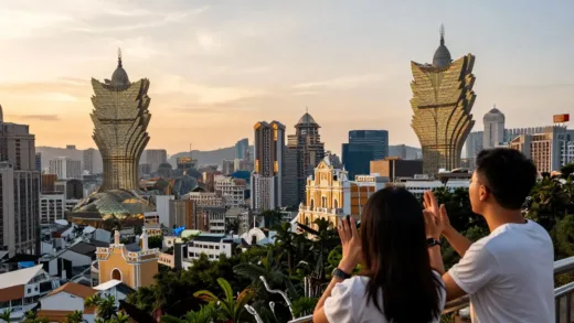 A vibrant panoramic view of Macau's skyline at sunset, showing a mix of modern architecture and historical elements, with a couple in the foreground looking excited to explore.