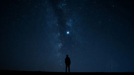 A breathtaking night sky with countless stars, the North Star clearly visible and slightly brighter, a lone traveler looking up at the sky in awe, a compass symbol subtly integrated, mystical and inspiring atmosphere.