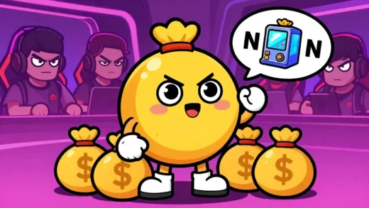 A cartoon character representing Nexon, surrounded by money bags, with angry gamers in the background. The character has a thought bubble with a gacha machine. Vibrant, satirical art style.