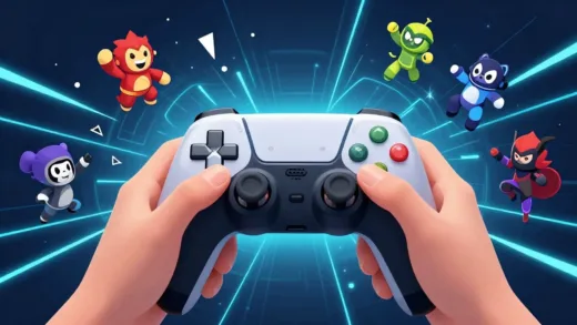A dynamic illustration of a gaming controller held by hands, surrounded by glowing digital lines and diverse game characters, symbolizing global gaming trends and innovation.