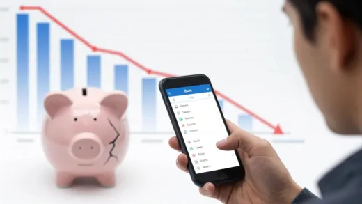 A person looking worriedly at their bank account on a smartphone, with graphs showing declining purchasing power and inflation in the background. The background should be slightly abstract and feature a piggy bank with cracks.