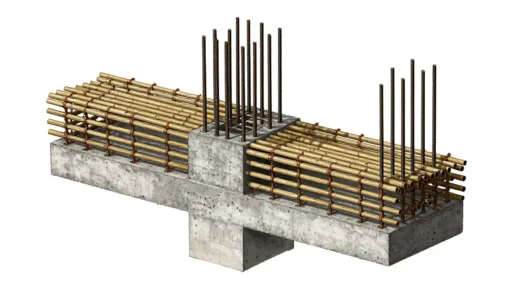 A detailed architectural illustration showing a cross-section of concrete with bamboo reinforcing bars instead of steel rebar. The bamboo should look robust and integrated into the concrete structure. The overall tone should be scientific and historical, with a clear view of the materials.