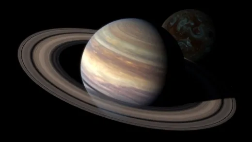 Uranus with its highly tilted axis and rings, showing a clear distinction between a brightly lit pole and a dark pole, with a massive celestial body subtly depicted in the background suggesting a past collision.