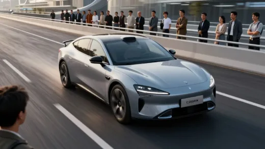 A dynamic, modern car driving on a futuristic road, reflecting brand logos and emotional connections, with a diverse group of people observing it, symbolizing evolving consumer tastes.