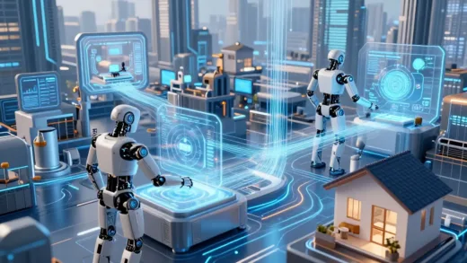 A futuristic cityscape with various AI-powered robots working in factories and smart homes, representing the transformation of AI from digital to physical, with data streams flowing into intelligent actions.