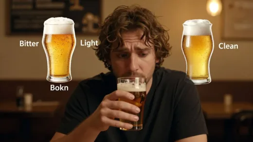 A thoughtful person holding a beer glass, looking puzzled, surrounded by abstract representations of different beer flavors (bitter, light, clean), in a cozy, warm-lit setting.