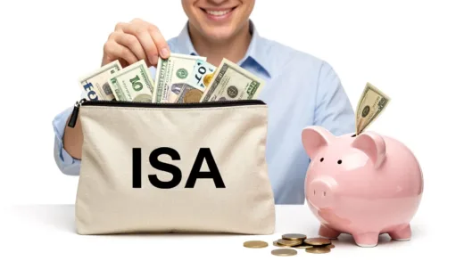 A secure, large financial 'pocket' or 'pouch' labeled 'ISA', brimming with various investment symbols. In contrast, a leaky regular piggy bank represents money lost to taxes. A smiling person confidently holding the ISA pocket. Bright and reassuring.