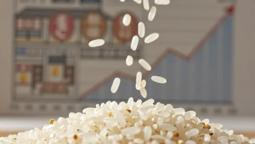 A dynamic image of rice grains scattering, with a subtle background suggesting a Japanese marketplace and rising price charts.