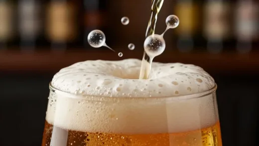 A close-up shot of a perfectly poured beer with a creamy head, showing the foam acting as a protective layer, maybe with abstract oxygen molecules being blocked in a scientific, yet inviting way. Soft lighting, cozy bar background.