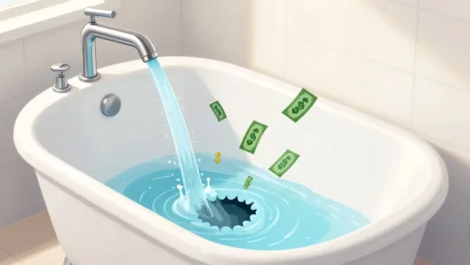 An illustration of a bathtub with water pouring in from a faucet, but a large hole in the bottom causing water to leak out quickly, with money symbols floating around the leaking water. The bathtub is in a modern, clean bathroom setting.